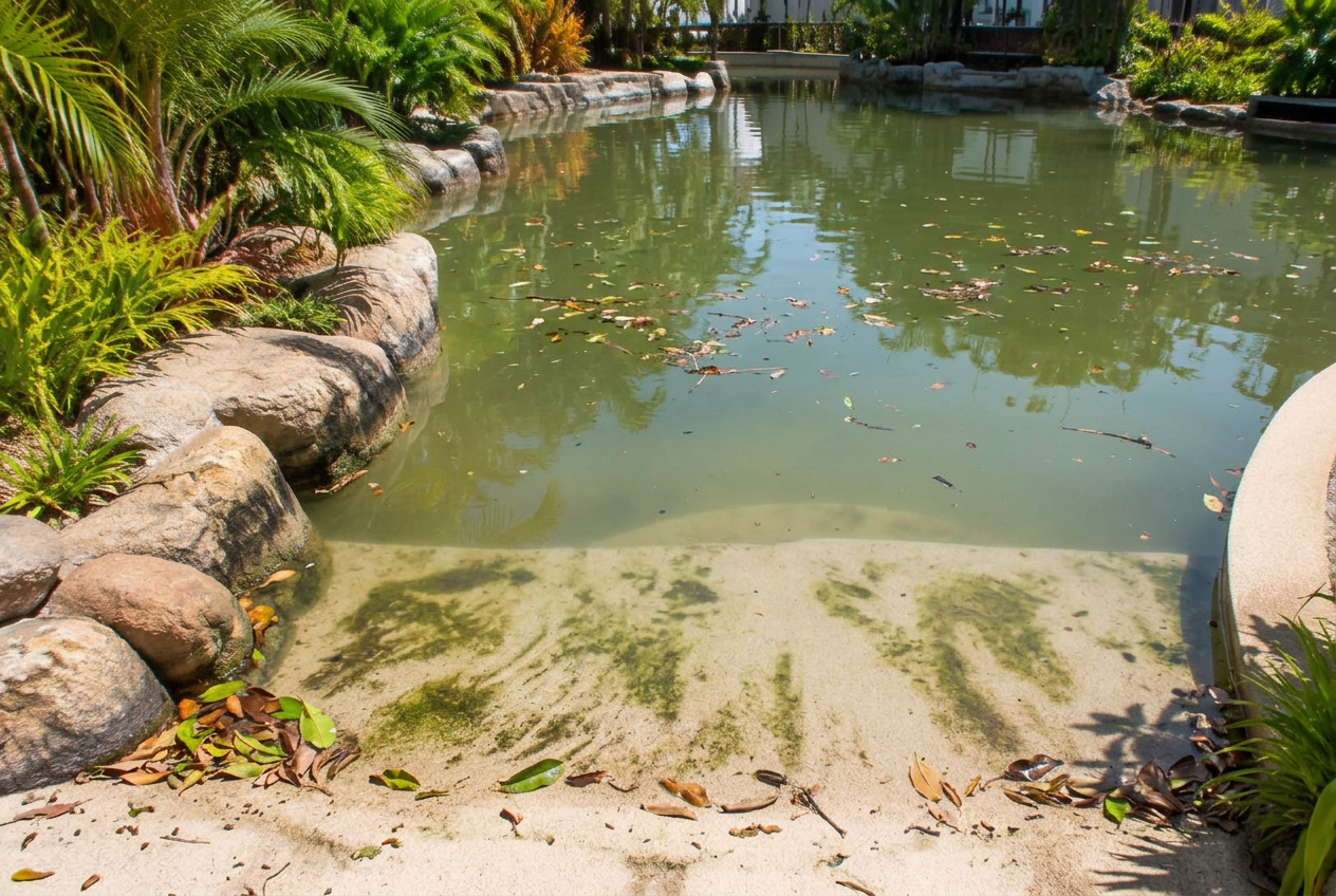 A mesma piscina antes da limpeza, com folhas e água turva